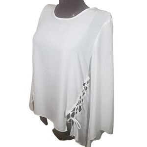 Liquid by Sioni Top High Low Lace Up Sides M White Bell Sleeve Flutter